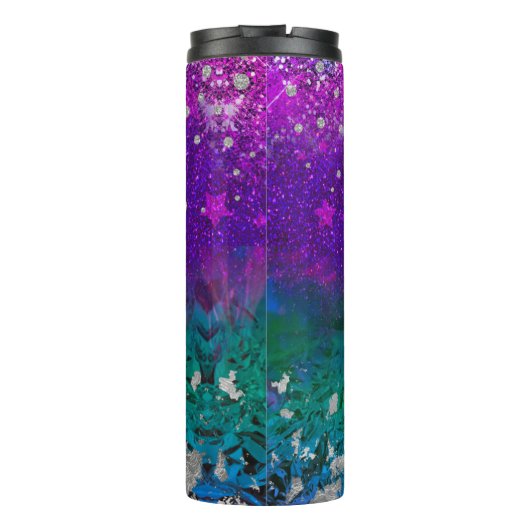 Niedlich-blauer lila Glitzer Monogramm Thermosbecher (Rückseite)