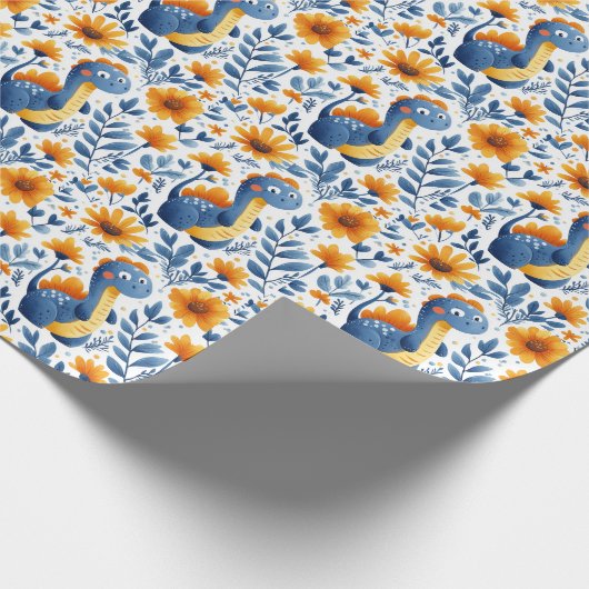 Niedlich-Blauer Orange Dinosaurier Gelbe Milchprod Geschenkpapier (Ecke)