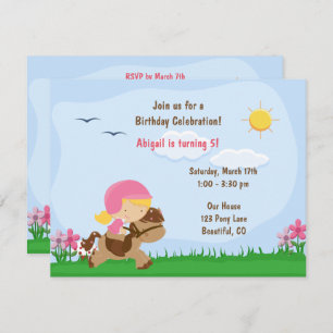Niedlich Blond Girl Riding Brown Horse Einladung