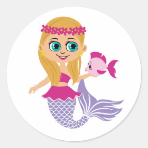 Niedlich Blonde Blue-Mit Augen Mermaid Girl Sticke Runder Aufkleber