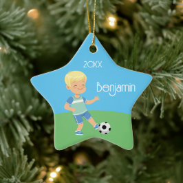 Niedlich Blonde Boy Soccer Personalisierte Weihnac Keramik Ornament
