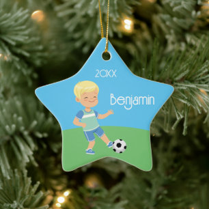 Niedlich Blonde Boy Soccer Personalisierte Weihnac Keramik Ornament