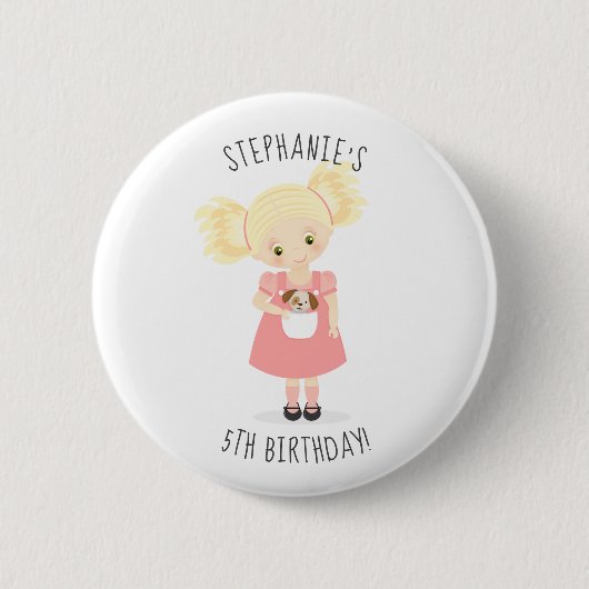 Niedlich Blonde Geburtstagskarte und Welpe Button (Vorderseite)