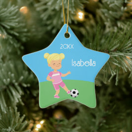 Niedlich Blonde Girl Soccer Player Keramik Ornament