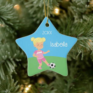 Niedlich Blonde Girl Soccer Player Keramik Ornament