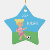 Niedlich Blonde Girl Soccer Player Keramik Ornament (Hinten)
