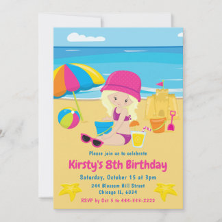 Niedlich Blonde Girl Summer Beach Geburtstag Einladung