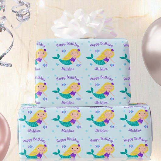 Niedlich Blonde Lila Mermaid Personalisiert Geburt Geschenkpapier