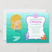 Niedlich Blonde Mermaid zum Geburtstag Einladung (Vorderseite)