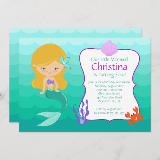 Niedlich Blonde Mermaid zum Geburtstag Einladung (Vorne/Hinten)