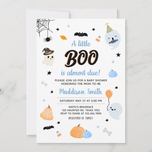 Niedlich Blue A Little Boo Baby Dusche Einladung (Vorderseite)