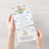 Niedlich Blue Airplane Boy Teddy Bear Baby Dusche All In One Einladung (Abreißen)