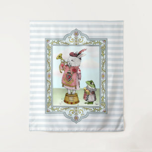 Niedlich Blue Alice im Wunderland White Rabbit Art Wandteppich
