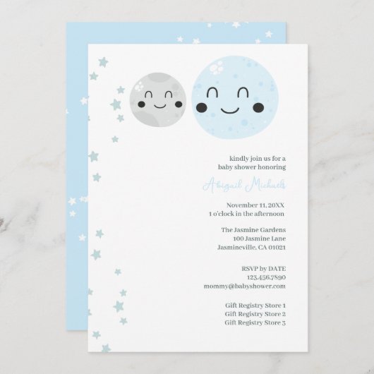 Niedlich Blue and Gray Planets Baby Girl Dusche Einladung (Vorne/Hinten)