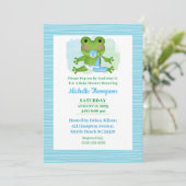 Niedlich Blue and Green Frog Baby Dusche Einladung (Stehend Vorderseite)