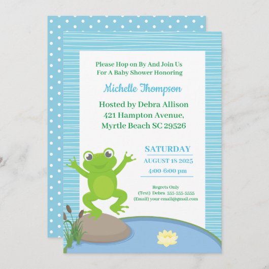 Niedlich Blue and Green Frog Baby Shower Einladung (Vorne/Hinten)