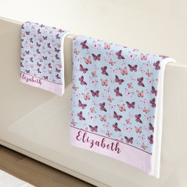 Niedlich Blue and Pink Butterfly Individuelle Name Badhandtuch Set