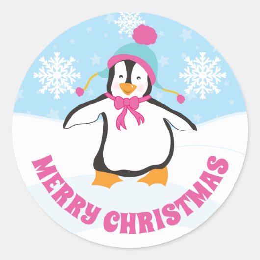 Niedlich Blue and Pink Hat Christmas Penguin Runder Aufkleber (Vorderseite)