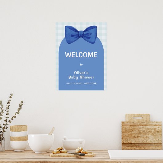 Niedlich Blue Arch Gingham Bow Baby Dusche Willkom Poster (Küche)