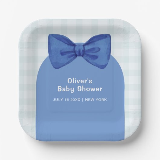 Niedlich Blue Arch Gingham Kariert Bow Boy Baby Du Pappteller (Vorderseite)
