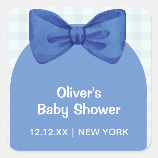 Niedlich Blue Arch Gingham Kariert Bow Boy Baby Du Quadratischer Aufkleber (Vorderseite)