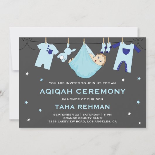 Niedlich Blue Baby Boy Aqiqah Einladung (Vorderseite)