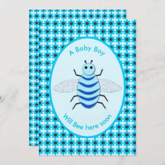 Niedlich Blue Baby Boy Bee Custom Baby Shower Einladung (Vorne/Hinten)