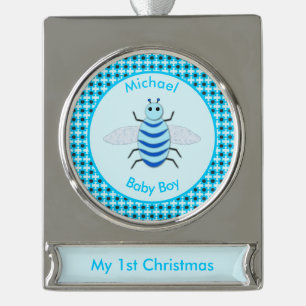 Niedlich Blue Baby Boy Bee Custom First Christmas Banner-Ornament Silber