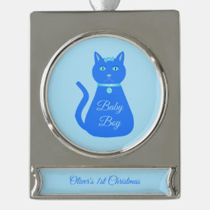 Niedlich Blue Baby Boy Cat Custom 1. Weihnachten Banner-Ornament Silber