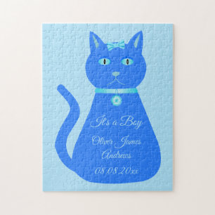 Niedlich Blue Baby Boy Cat Custom Birth Ankündigun Puzzle