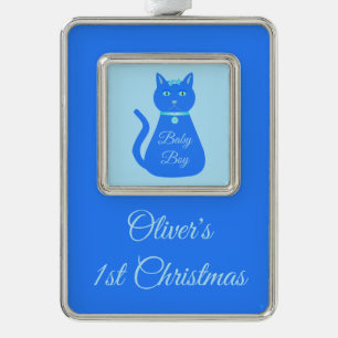 Niedlich Blue Baby Boy Cat Custom First Christmas Rahmen-Ornament Silber