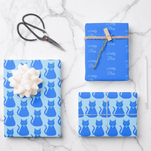 Niedlich Blue Baby Boy Cat Custom Gemustert Geschenkpapier Set (Vorderseite)