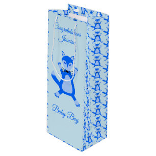 Niedlich Blue Baby Boy Fox Custom Herzlichen Glück Geschenktüte Für Weinflaschen