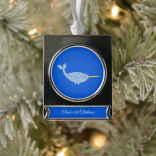 Niedlich Blue Baby Boy Narwhal First Christmas Cus Banner-Ornament Silber