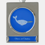 Niedlich Blue Baby Boy Narwhal First Christmas Cus Banner-Ornament Silber (Vorderseite)