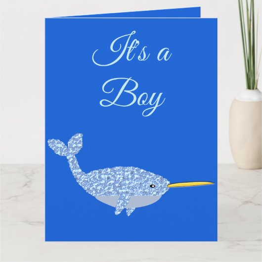 Niedlich Blue Baby Boy Narwhal Gender Reveal Karte (Vorderseite)