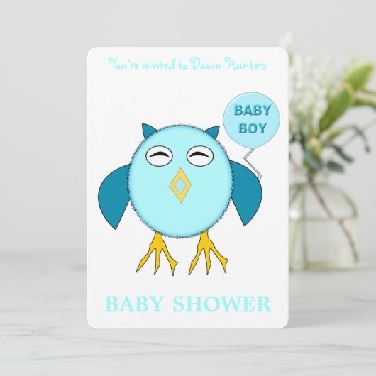 Niedlich Blue Baby Boy Owl Custom Baby Dusche Einladung (Stehend Vorderseite)
