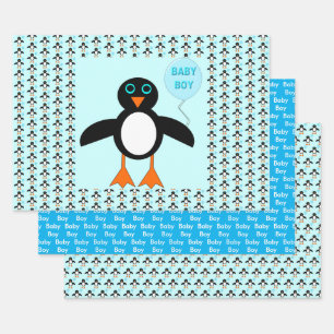 Niedlich Blue Baby Boy Penguin Geschenkpapier Set