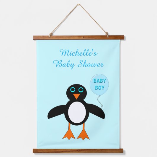 Niedlich Blue Baby Boy Pinguin Baby Dusche Custom Wandteppich Mit Holzrahmen (Vorderseite)