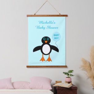 Niedlich Blue Baby Boy Pinguin Baby Dusche Custom Wandteppich Mit Holzrahmen