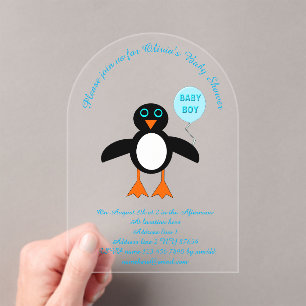 Niedlich Blue Baby Boy Pinguin Custom Baby Dusche Acryleinladungen