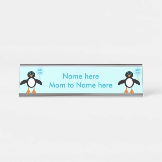 Niedlich Blue Baby Boy Pinguin Custom Desk Schild (Vorderseite )