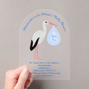 Niedlich Blue Baby Boy Stork Baby Dusche Custom Acryleinladungen