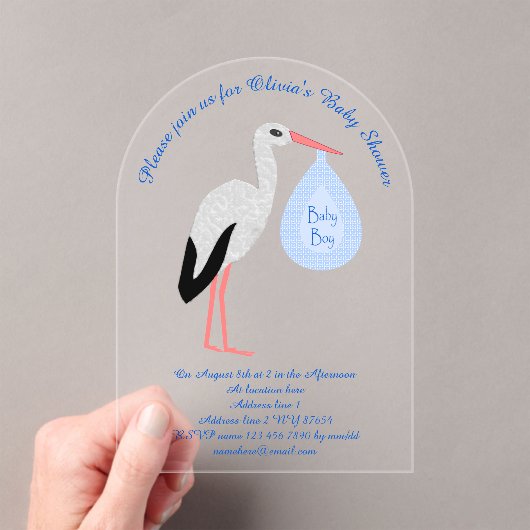 Niedlich Blue Baby Boy Stork Baby Dusche Custom Acryleinladungen (Insitu (Handheld))