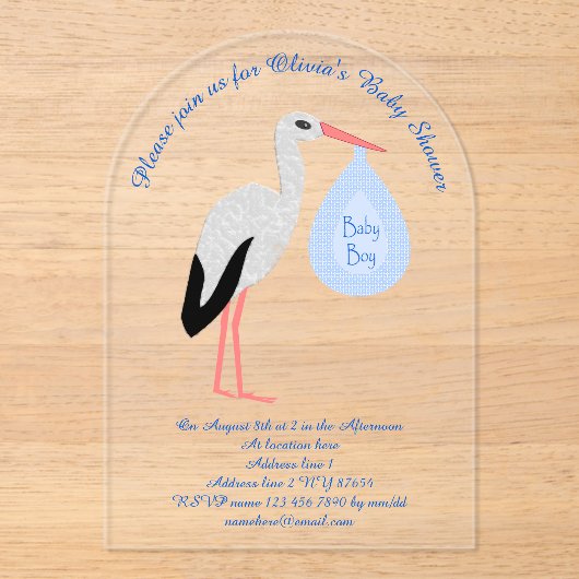 Niedlich Blue Baby Boy Stork Baby Dusche Custom Acryleinladungen (Vorderseite)