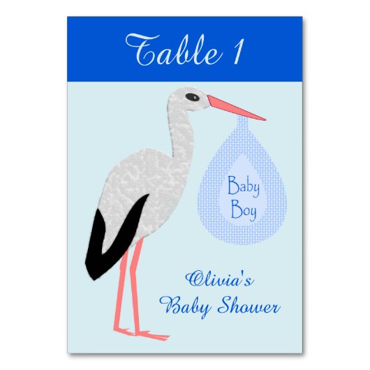 Niedlich Blue Baby Boy Stork Custom Baby Dusche Tischnummer (Vorderseite)