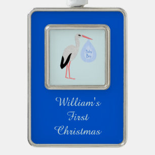 Niedlich Blue Baby Boy Stork Stork Erster Weihnach Rahmen-Ornament Silber