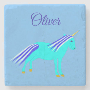 Niedlich Blue Baby Boy Unicorn Individuelle Name Steinuntersetzer