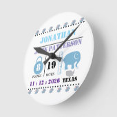 Niedlich Blue Baby Elephant Birth Ankündigung Runde Wanduhr (Winkel)