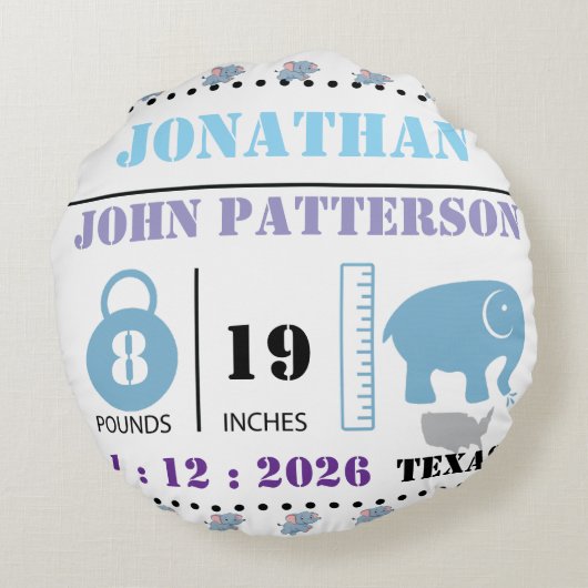 Niedlich Blue Baby Elephant Birth Ankündigung Rundes Kissen (Rückseite)